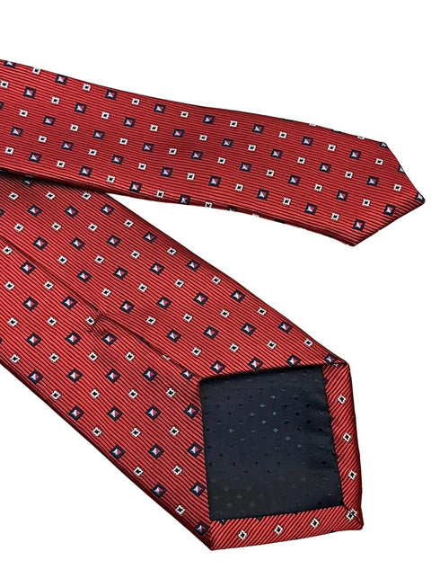 red tie with geometric square design