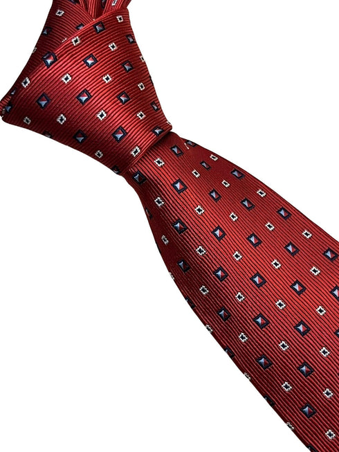 red tie with geometric square design