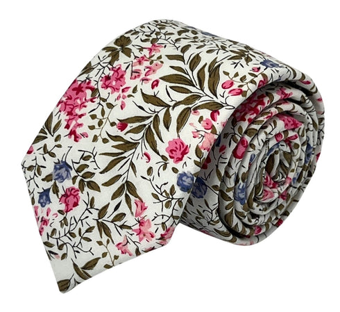 matching ivory pink cotton tie and pocket square with english wildflower garden design