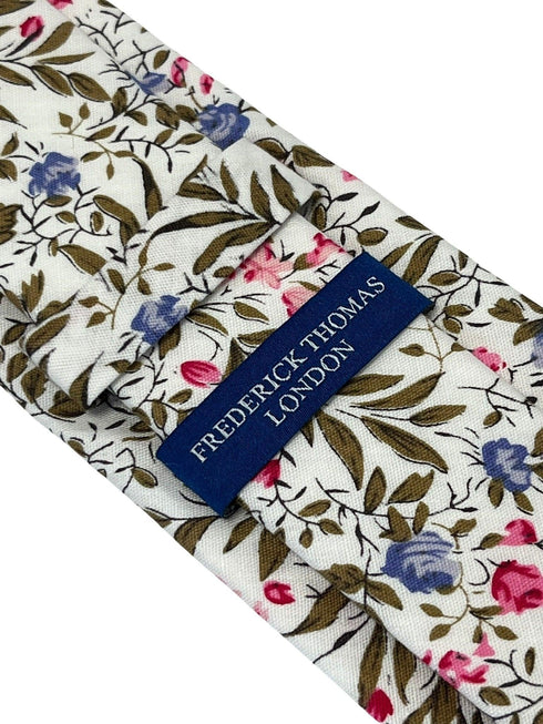 ivory pink cotton tie with english wildflower garden design