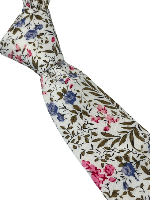 matching ivory pink cotton tie and pocket square with english wildflower garden design