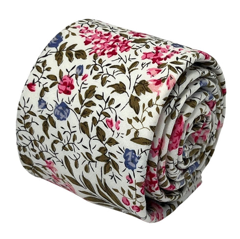 matching ivory pink cotton tie and pocket square with english wildflower garden design