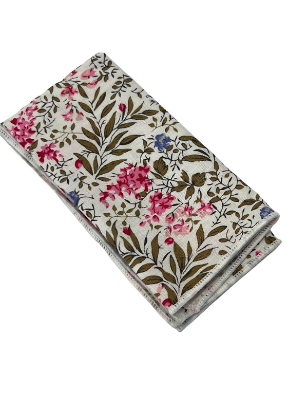 ivory pink cotton pocket square with English wildflower garden design