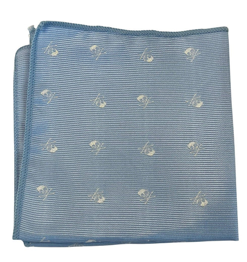 light pale baby blue pocket square with embroidered skull design