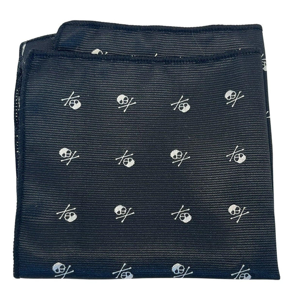 black pocket square with embroidered skull design