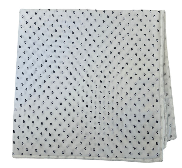 white cotton pocket square with navy blue paisley dainty print