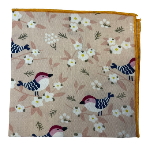 light peachy pink cotton pocket square with pale bird and floral flower print