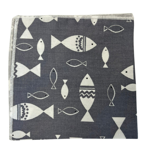 light pale gray grey cotton pocket square with fish aquatic nautical print