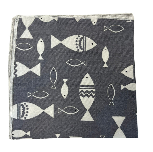 light pale gray grey cotton pocket square with fish aquatic nautical print