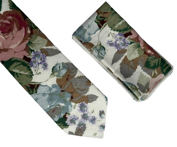 watercolour style English pink rose garden cotton tie and matching pocket square