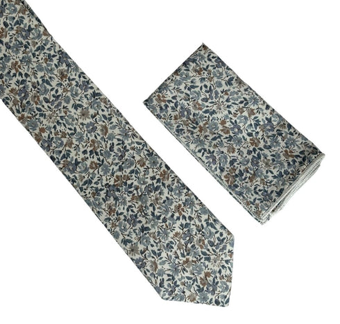 dusky blue English wildflower wedding design cotton tie and matching pocket square