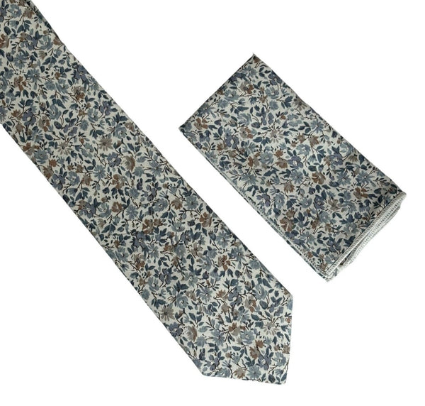 dusky blue English wildflower wedding design cotton tie and matching pocket square