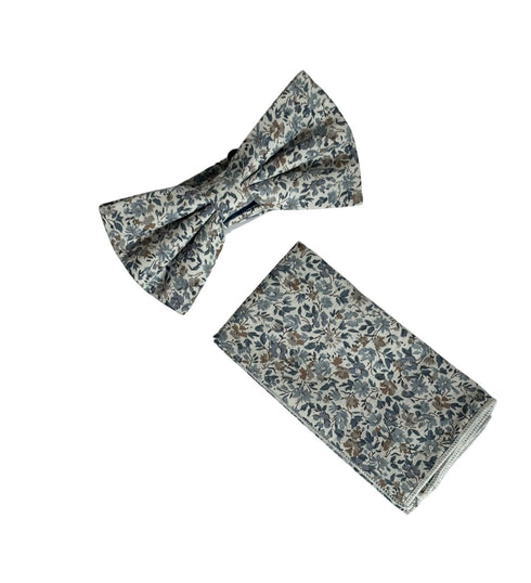 dusky blue English wildflower wedding design cotton bow tie and matching pocket square