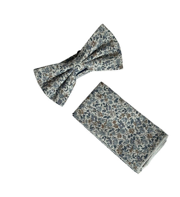 dusky blue English wildflower wedding design cotton bow tie and matching pocket square