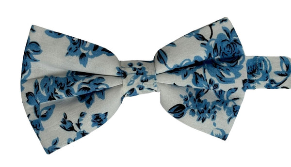 ivory cotton with blue rose design bow tie