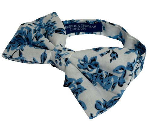 ivory cotton with blue rose design bow tie