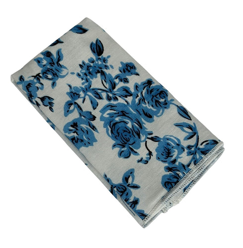 ivory cotton tie with blue rose design and matching pocket square