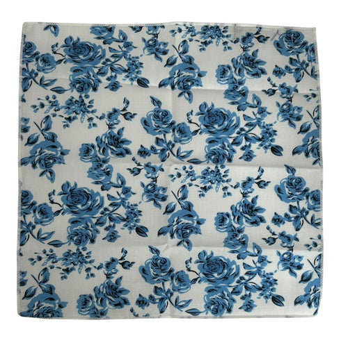 ivory cotton pocket square with blue rose design