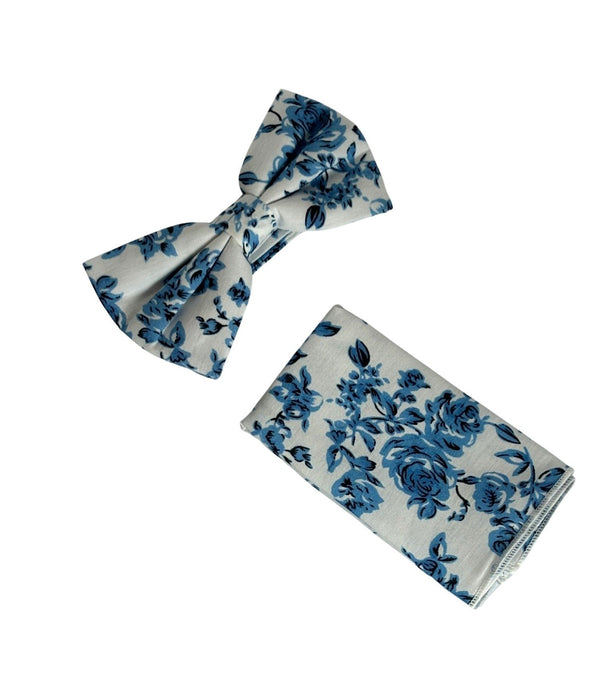 ivory cotton bow tie with blue rose design and matching pocket square