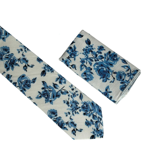ivory cotton tie with blue rose design and matching pocket square