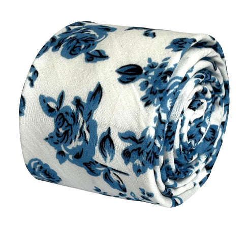 ivory with blue rose design cotton tie