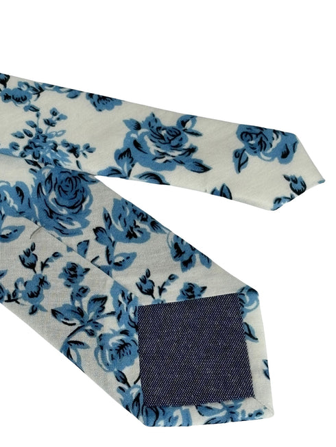 ivory with blue rose design cotton tie
