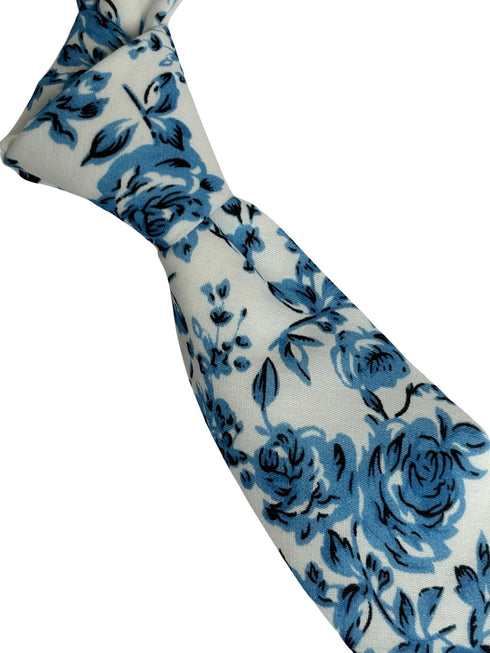 ivory with blue rose design cotton tie