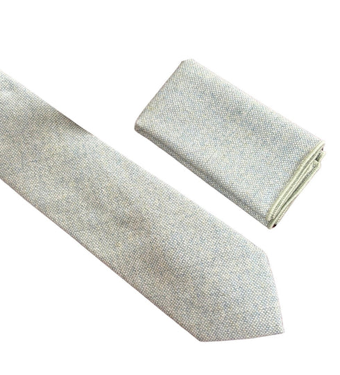 mint pistachio wool tie with blue flecks and matching pocket square