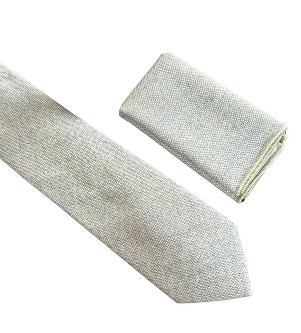 mint pistachio wool tie with blue flecks and matching pocket square