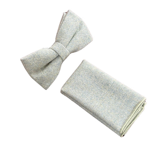 mint pistachio wool bow tie with blue flecks and matching pocket square