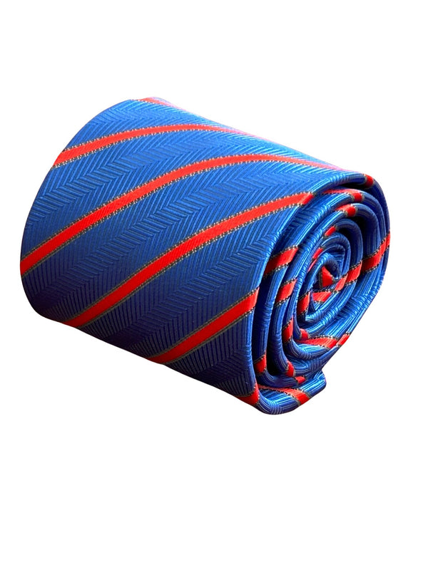 royal blue tie with subtle herringbone design and red stripes