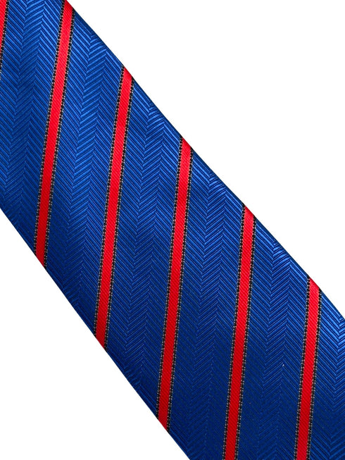 royal blue tie with subtle herringbone design and red stripes