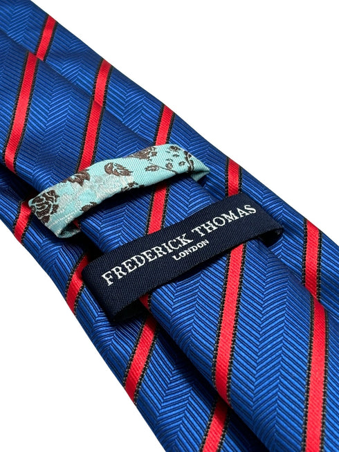 royal blue tie with subtle herringbone design and red stripes