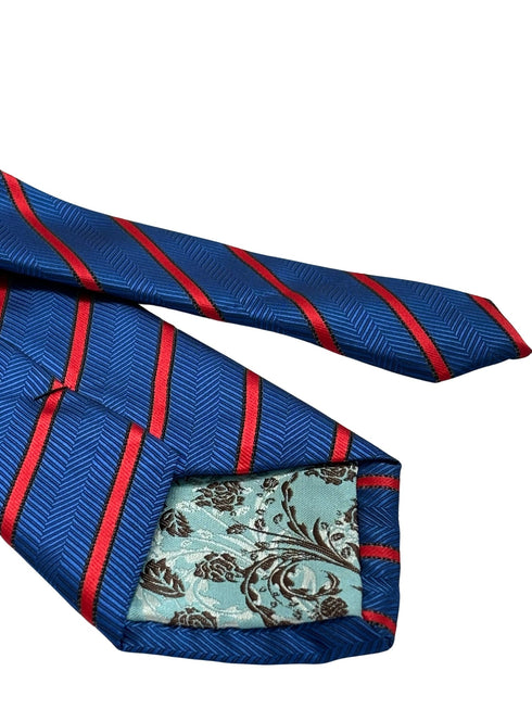 royal blue tie with subtle herringbone design and red stripes
