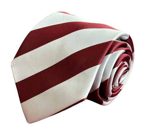maroon and white barber stripe tie