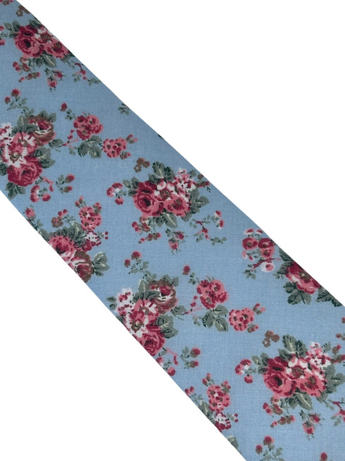 pale baby cornflower blue tie with pink rose peony flower design
