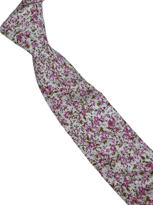 ivory cotton tie with pink English wildflower garden design