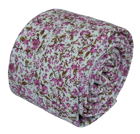ivory cotton tie with pink English wildflower garden design