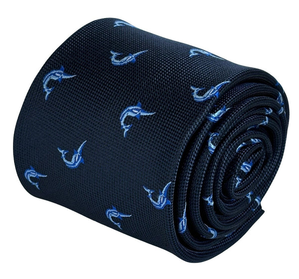 navy dark blue tie with marlin swordfish design