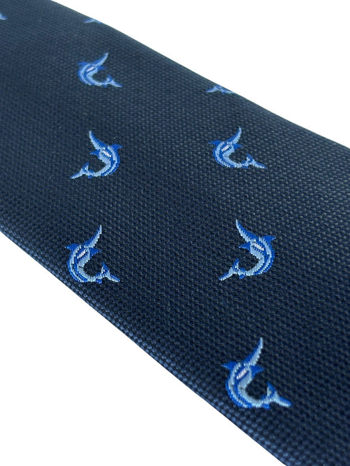 navy dark blue tie with marlin swordfish design
