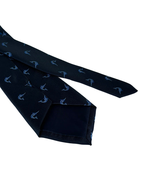 navy dark blue tie with marlin swordfish design