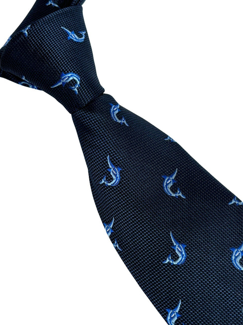 navy dark blue tie with marlin swordfish design