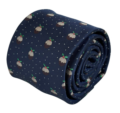 navy dark blue tie with festive christmas pudding & glitter pin spot design