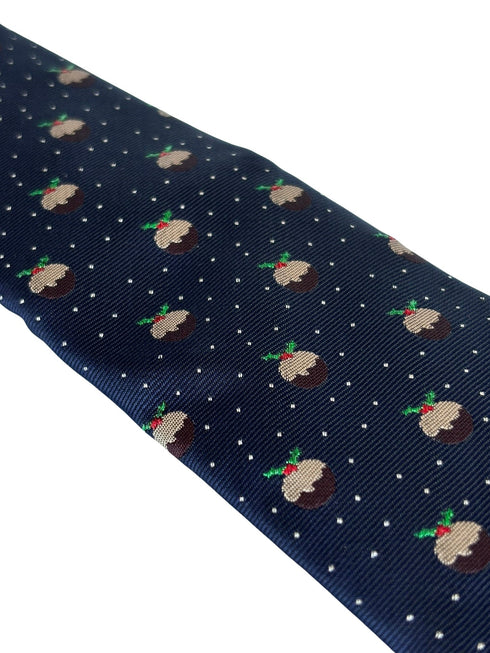 navy dark blue tie with festive christmas pudding & glitter pin spot design