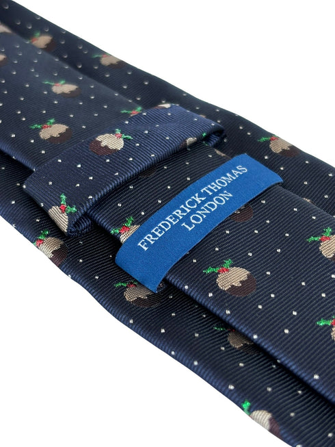 navy dark blue tie with festive christmas pudding & glitter pin spot design