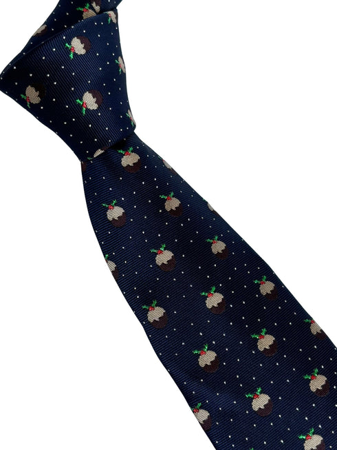 navy dark blue tie with festive christmas pudding & glitter pin spot design