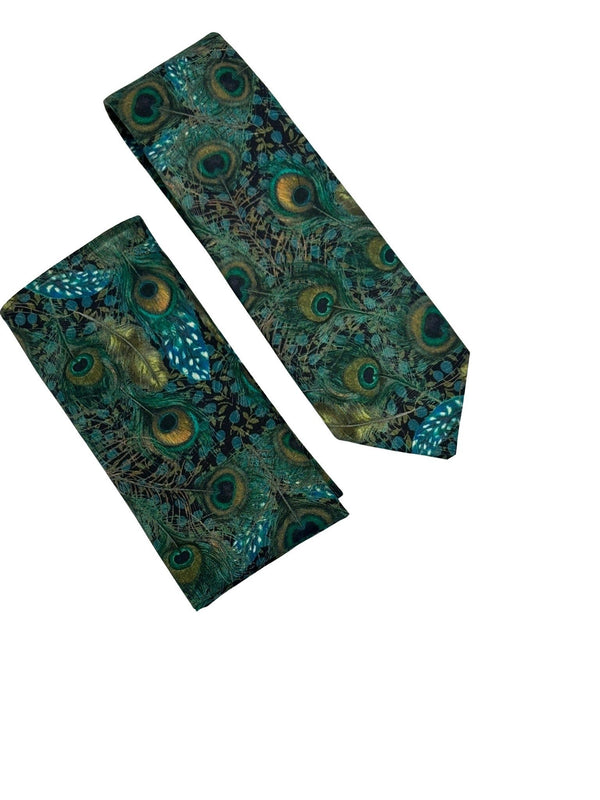 Liberty style peacock feather design matching tie and pocket square
