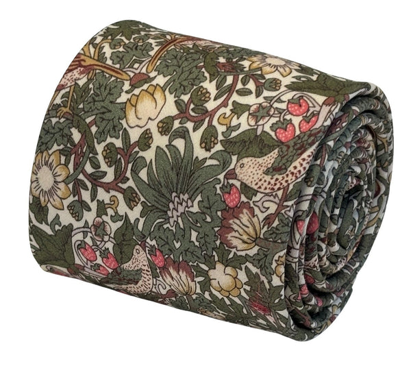 William Morris style green strawberry thief English garden wildflower design tie