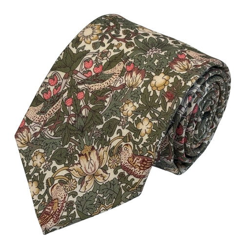 William Morris style green strawberry thief English garden wildflower design tie and matching pocket square