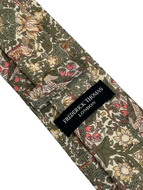 William Morris style green strawberry thief English garden wildflower design tie